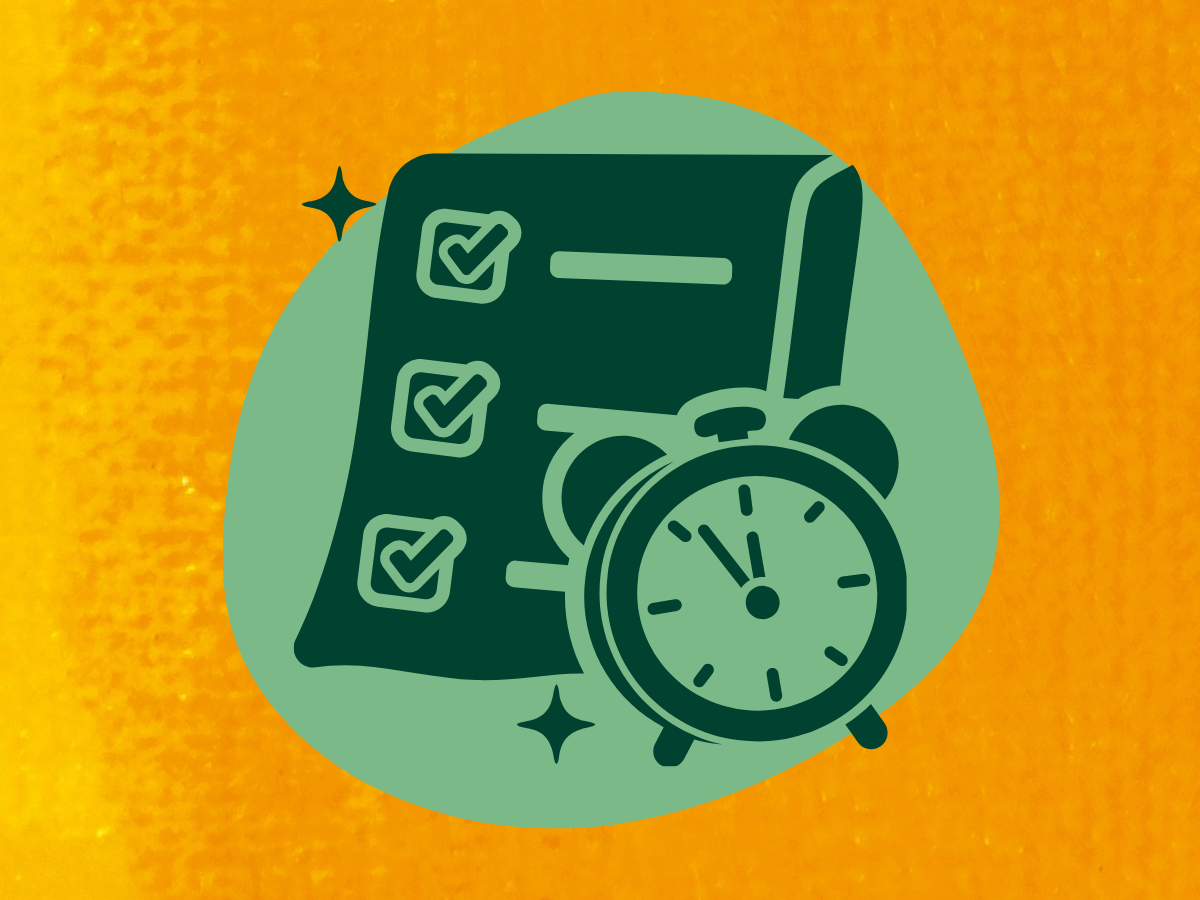 Illustration eines Dokuments mit abgehakten Punkten neben einem Wecker auf orangefarbenem Hintergrund, Symbol für Fristen, Planung oder rechtzeitiges Handeln.