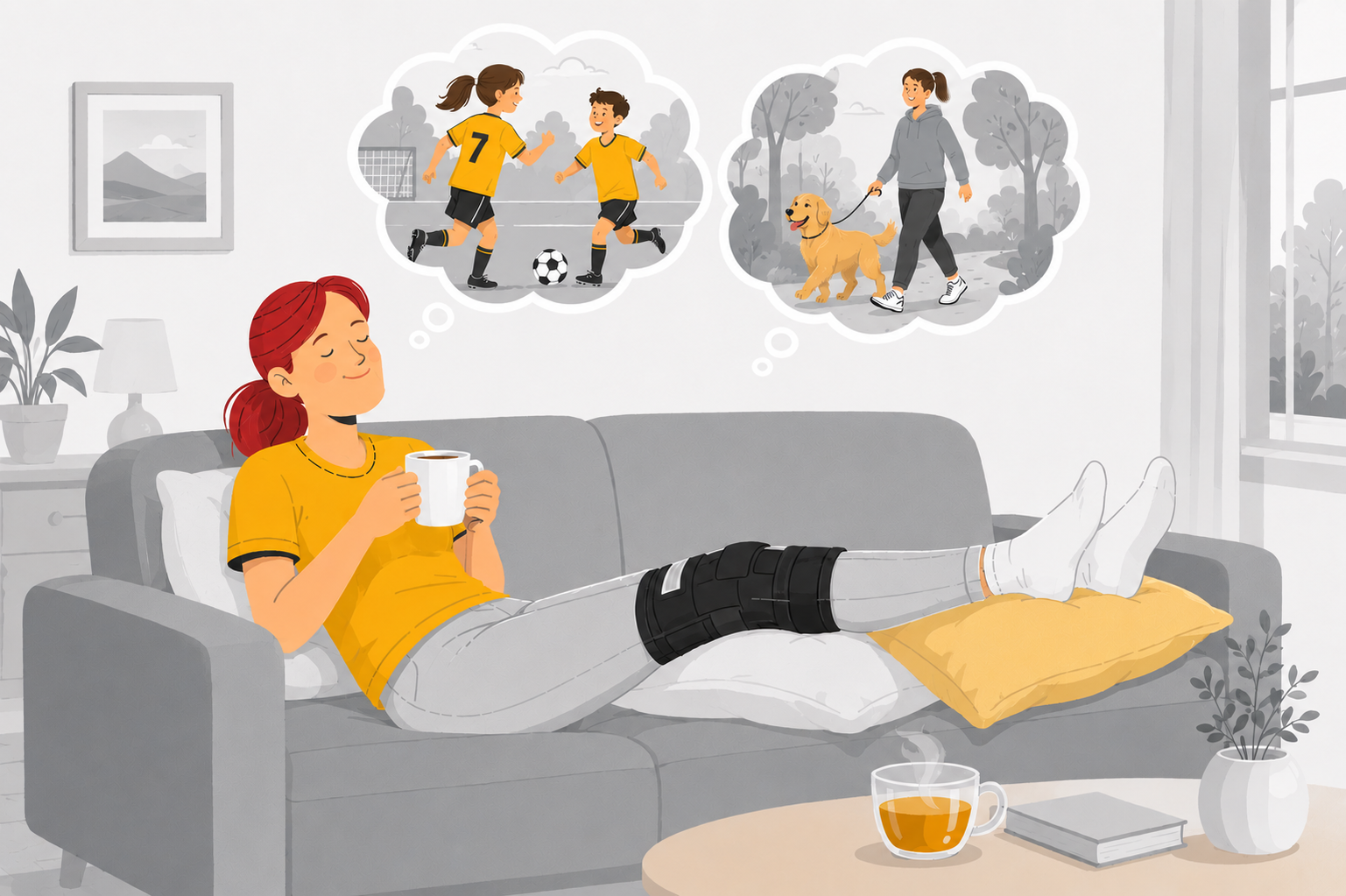 Frau Meier sitzt entspannt dem Sofa und trinkt Kaffee, während sie ihr verletztes rechtes Knie hochlagert. Über ihr zeigen zwei Gedankenblasen ihre Kinder beim Sport sowie ihren Hund Balu bei einem Spaziergang mit einem Hundesitter. Die Illustration symbolisiert, dass der Familienalltag trotz ihrer Genesung reibungslos weiterläuft.